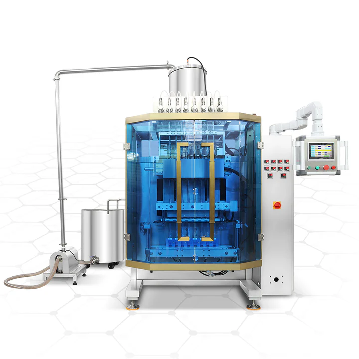 Blue guarded VFFS pouch filling machine