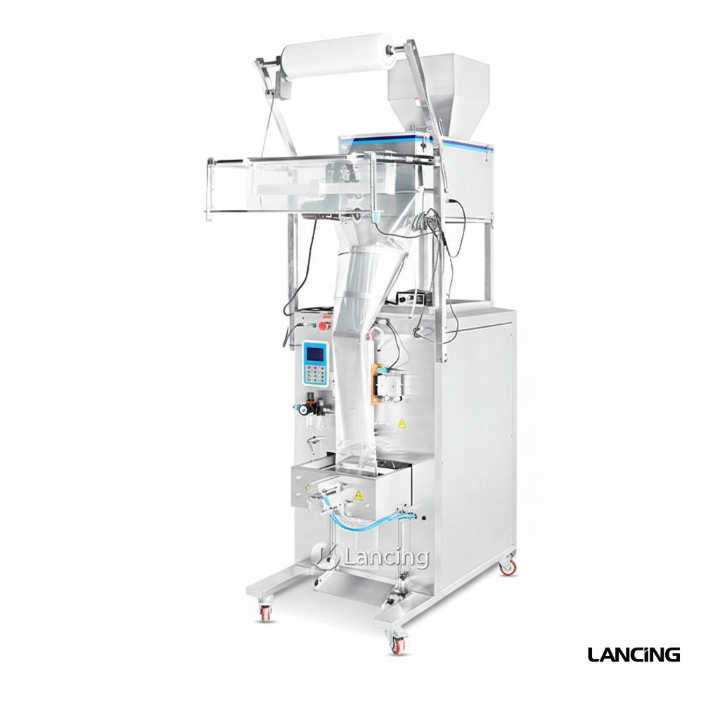 Blue guarded VFFS pouch filling machine